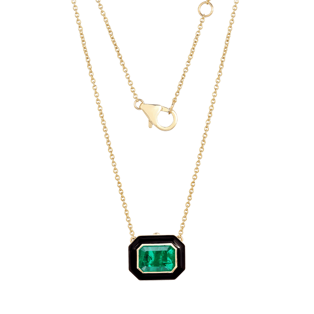 Emerald and Black Enamel Bezel Necklace